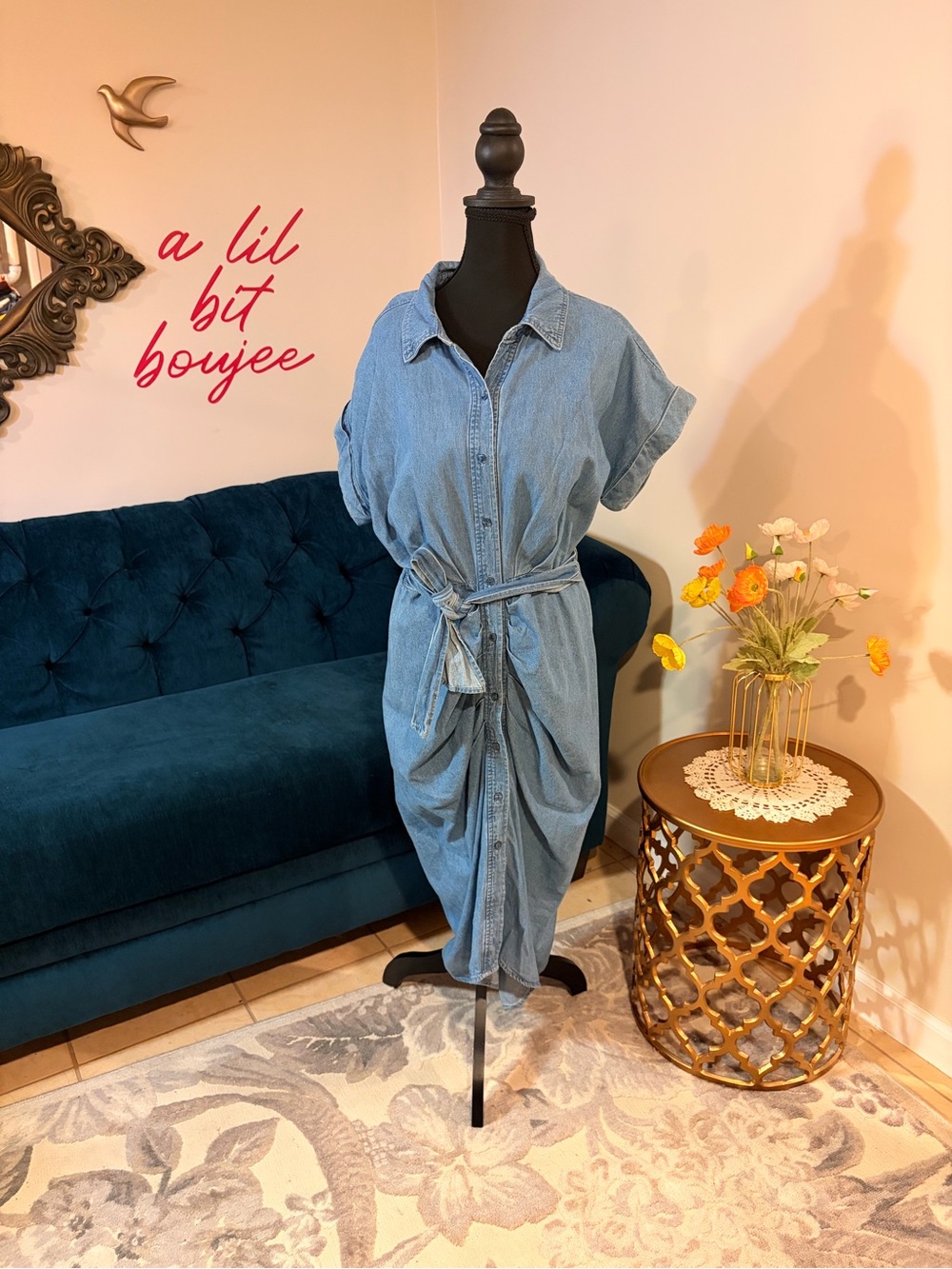 Steve Madden Chambray Button Front Midi Dress | Ruched Shirt Dress | Size 10
